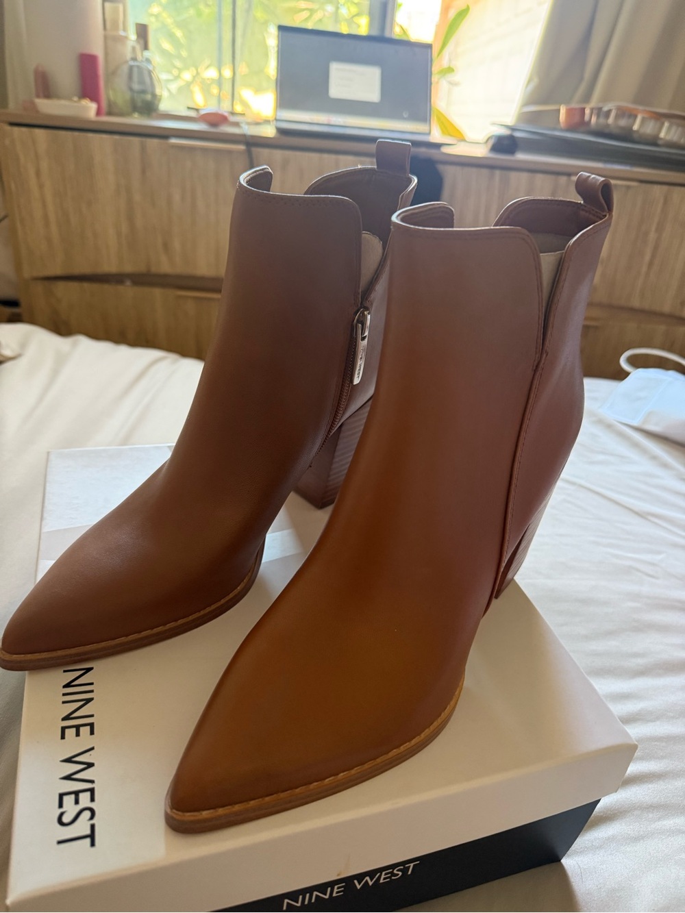 Nine West Chestnut Brown Pointed Toe Leather Ankle Booties